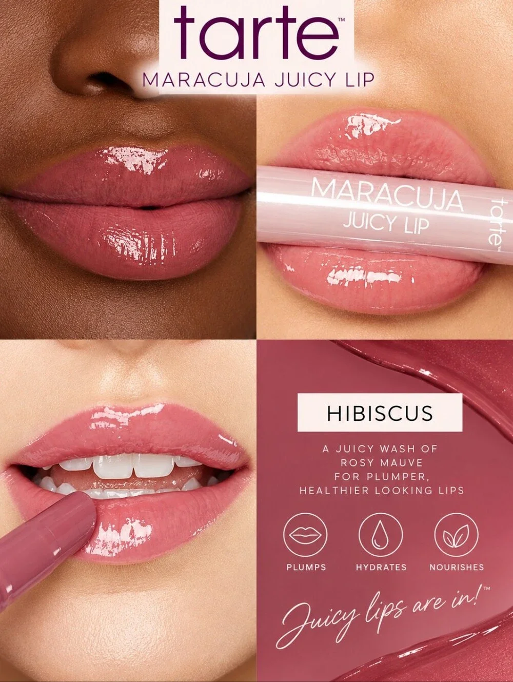 Tarte Maracuja Juicy Lip Plumping Balm- Hibiscus - Cool Tone Mauve Pink - NEW